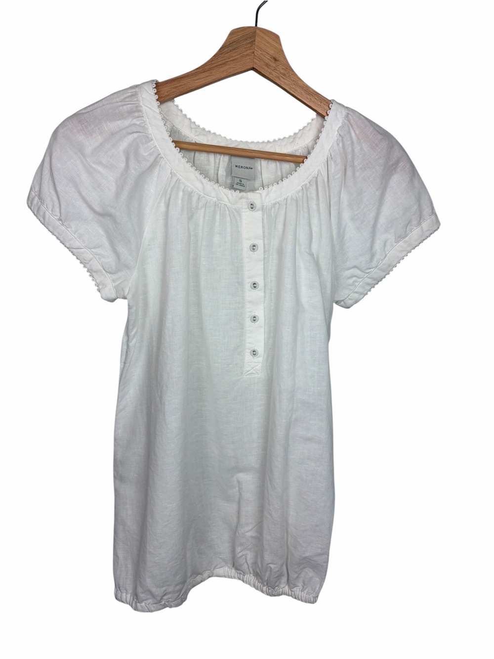 Merona White Linen Blend Peasant Blouse Small Boho Cottagecore Top Puff Sleeves - Picture 2 of 9